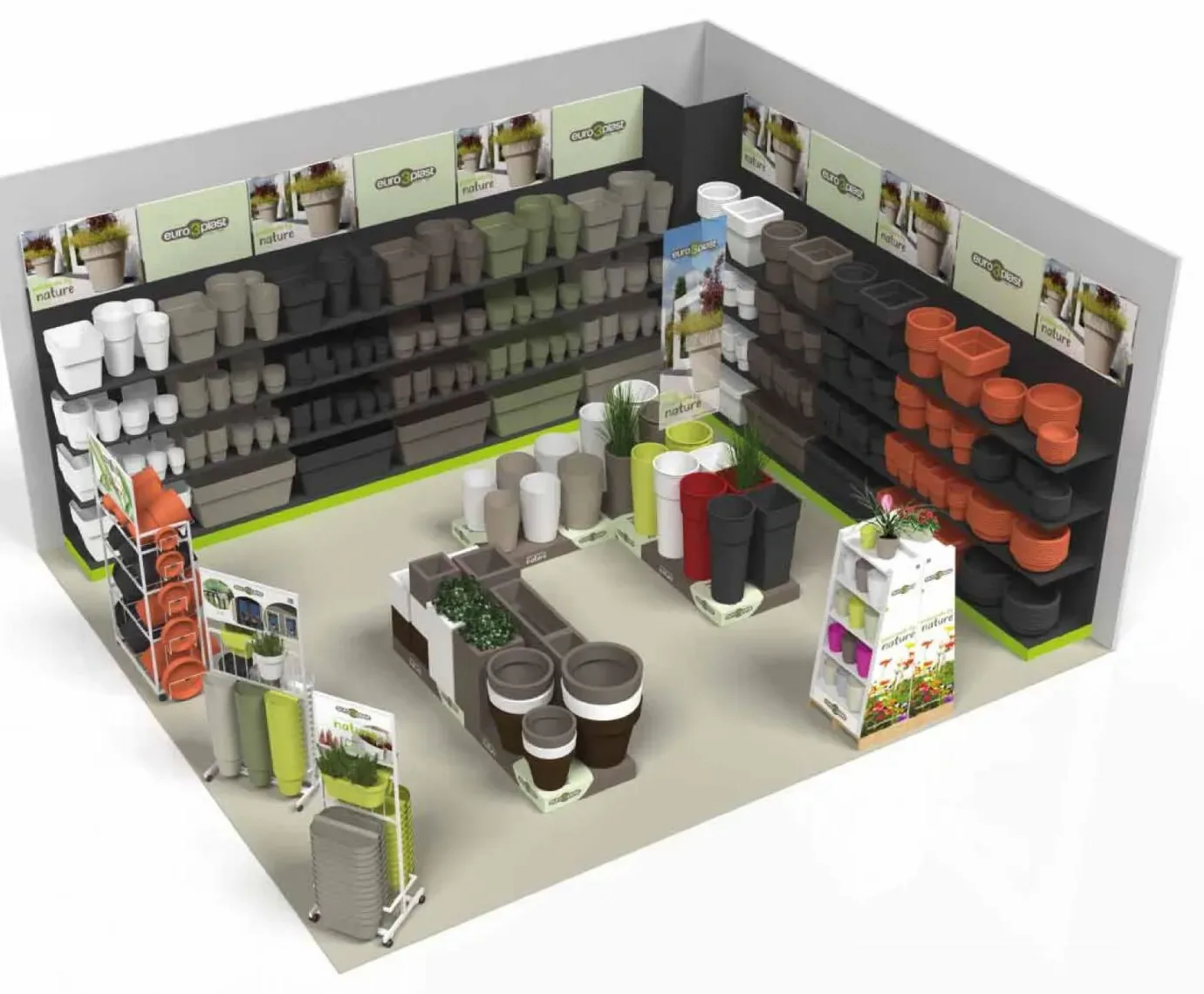 3D-Planung einer Shopfläche mit Regalwand, Displays und Palettencovern